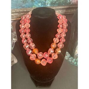 Pink Resin Bead Necklace with Gold-Tone Accents Adjustable Clasp